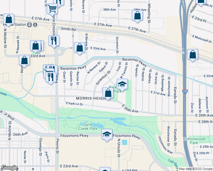 map of restaurants, bars, coffee shops, grocery stores, and more near 3162 Troy St in Aurora