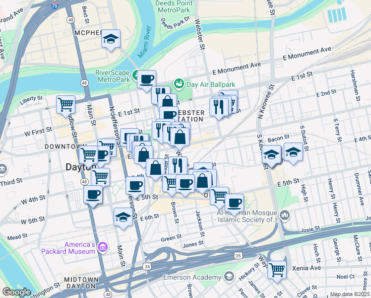 map of restaurants, bars, coffee shops, grocery stores, and more near 506 East 3rd Street in Dayton
