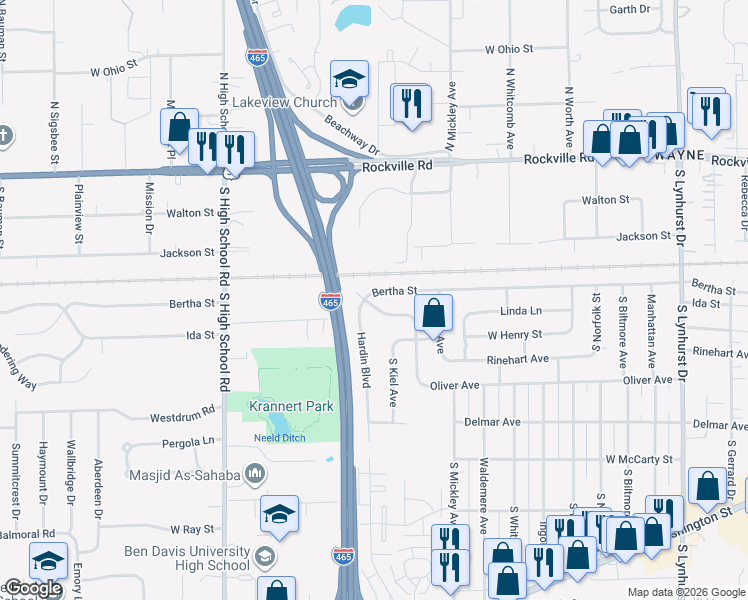 map of restaurants, bars, coffee shops, grocery stores, and more near 5921 Bertha Street in Indianapolis