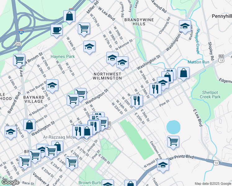 map of restaurants, bars, coffee shops, grocery stores, and more near 206 West 35th Street in Wilmington