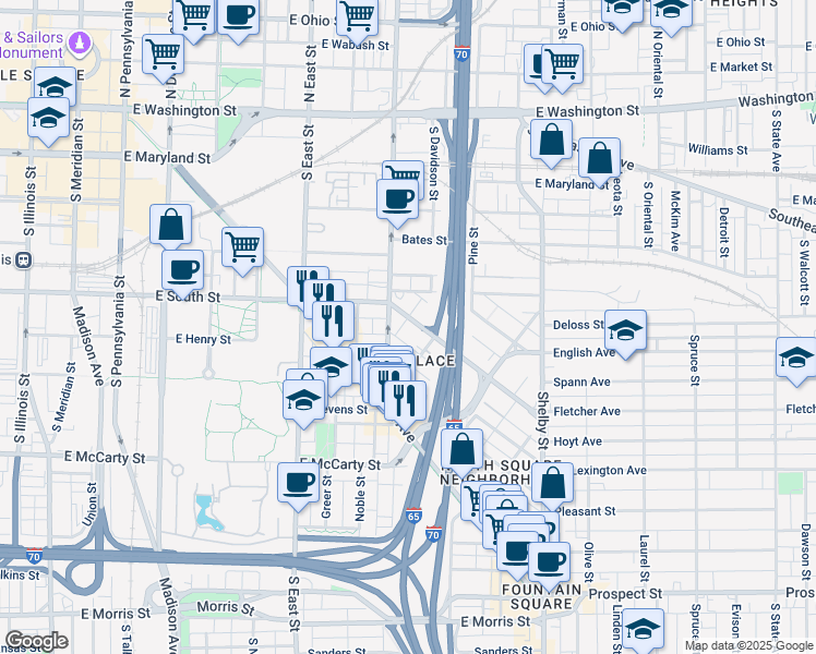 map of restaurants, bars, coffee shops, grocery stores, and more near 735 Fletcher Avenue in Indianapolis