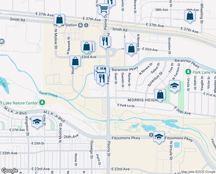map of restaurants, bars, coffee shops, grocery stores, and more near 3083 Peoria Street in Aurora