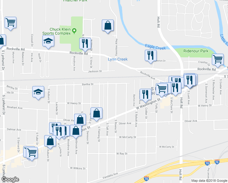 map of restaurants, bars, coffee shops, grocery stores, and more near 318 South Roena Street in Indianapolis