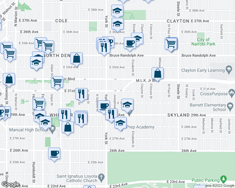 map of restaurants, bars, coffee shops, grocery stores, and more near 3050 Josephine Street in Denver