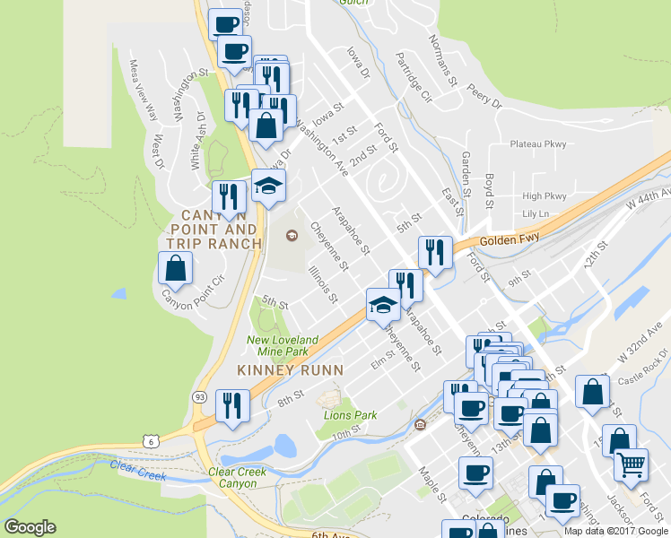 map of restaurants, bars, coffee shops, grocery stores, and more near 422 Cheyenne Street in Golden