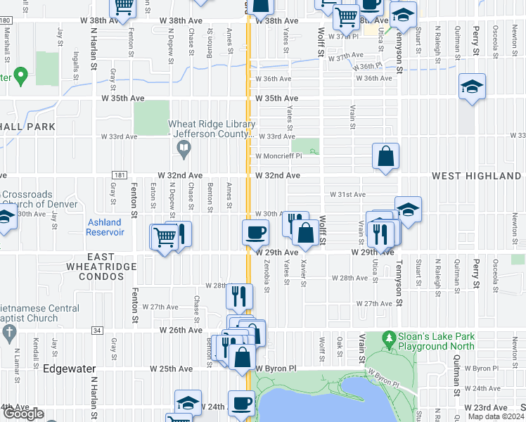 map of restaurants, bars, coffee shops, grocery stores, and more near 3001 Zenobia Street in Denver