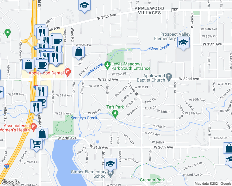 map of restaurants, bars, coffee shops, grocery stores, and more near 11815 Swadley Drive in Lakewood