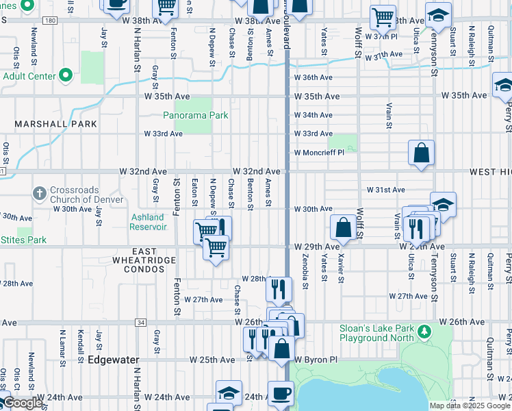 map of restaurants, bars, coffee shops, grocery stores, and more near 3002 Benton Street in Wheat Ridge