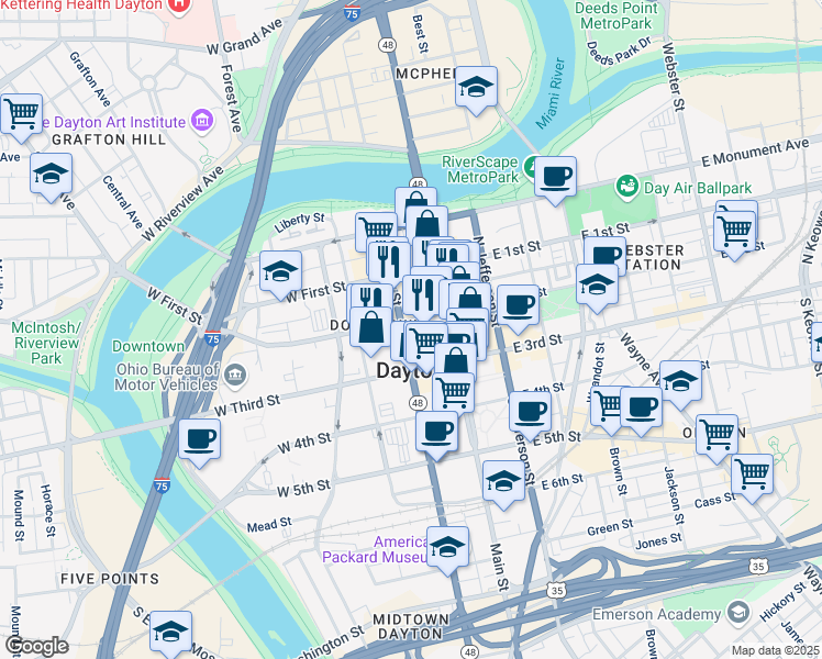 map of restaurants, bars, coffee shops, grocery stores, and more near 40 West 2nd Street in Dayton