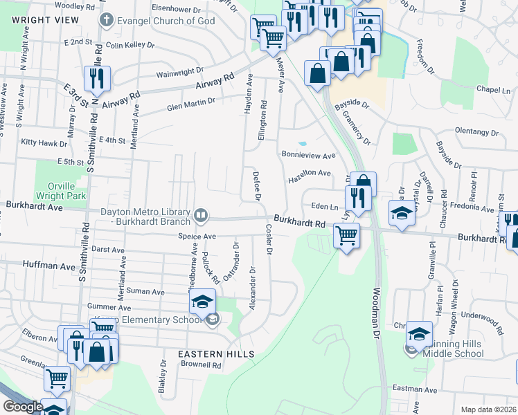 map of restaurants, bars, coffee shops, grocery stores, and more near 555 Hayden Avenue in Dayton