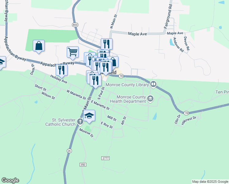 map of restaurants, bars, coffee shops, grocery stores, and more near 214 East Church Street in Woodsfield