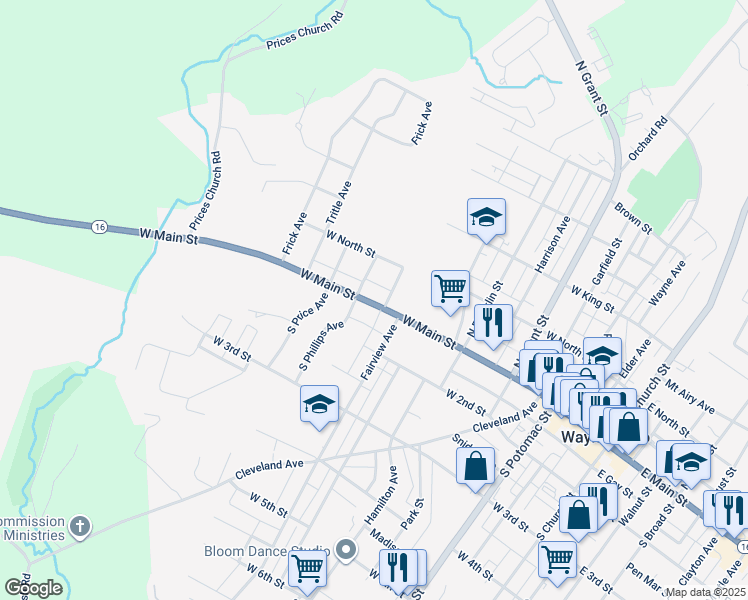 map of restaurants, bars, coffee shops, grocery stores, and more near 425 West Main Street in Waynesboro