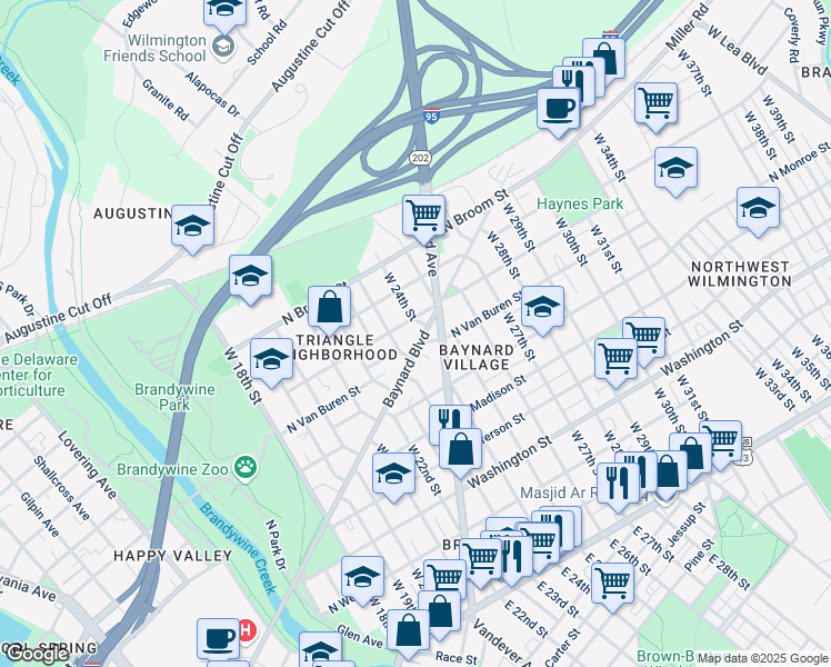 map of restaurants, bars, coffee shops, grocery stores, and more near 2311 Baynard Boulevard in Wilmington