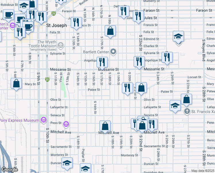 map of restaurants, bars, coffee shops, grocery stores, and more near 730 South 18th Street in Saint Joseph