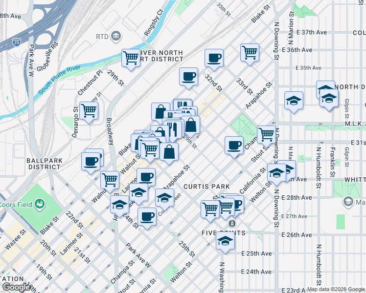 map of restaurants, bars, coffee shops, grocery stores, and more near 2828 Larimer Street in Denver