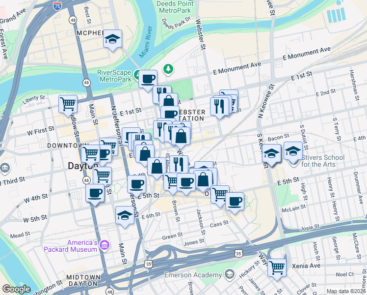 map of restaurants, bars, coffee shops, grocery stores, and more near 506 East 3rd Street in Dayton