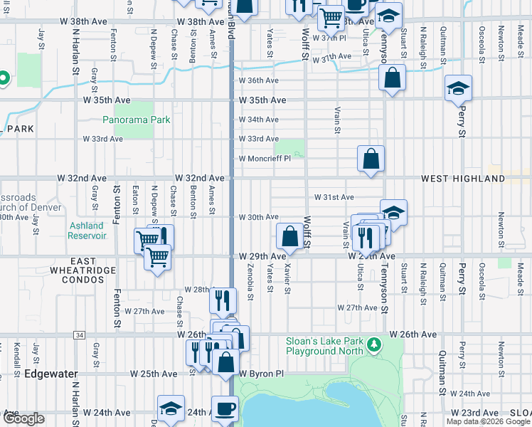 map of restaurants, bars, coffee shops, grocery stores, and more near 5007 West 30th Avenue in Denver
