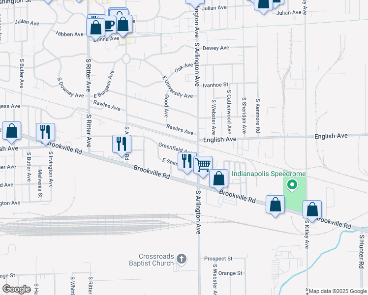 map of restaurants, bars, coffee shops, grocery stores, and more near 5920 Greenfield Avenue in Indianapolis