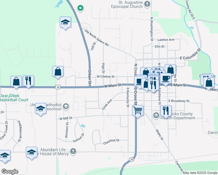 map of restaurants, bars, coffee shops, grocery stores, and more near 551 West Main Street in Danville