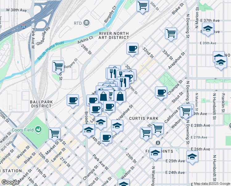 map of restaurants, bars, coffee shops, grocery stores, and more near 2751 Larimer Street in Denver