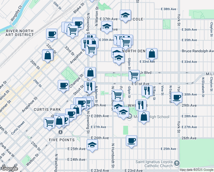 map of restaurants, bars, coffee shops, grocery stores, and more near 1414 East 31st Avenue in Denver