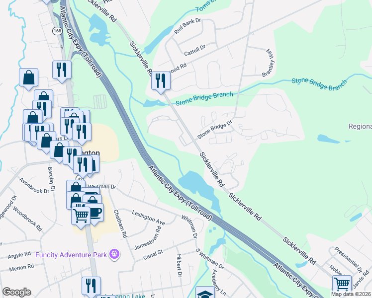 map of restaurants, bars, coffee shops, grocery stores, and more near 2204 Beacon Hill Drive in Gloucester Township