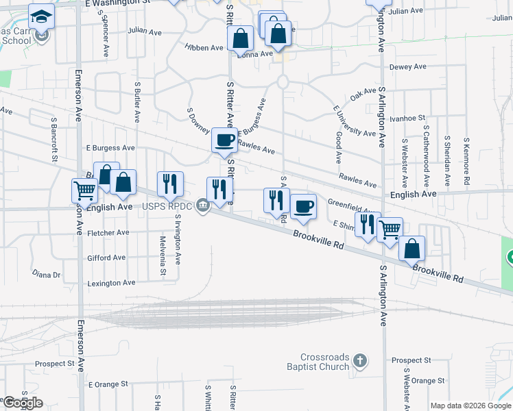 map of restaurants, bars, coffee shops, grocery stores, and more near 5532 Shimer Avenue in Indianapolis