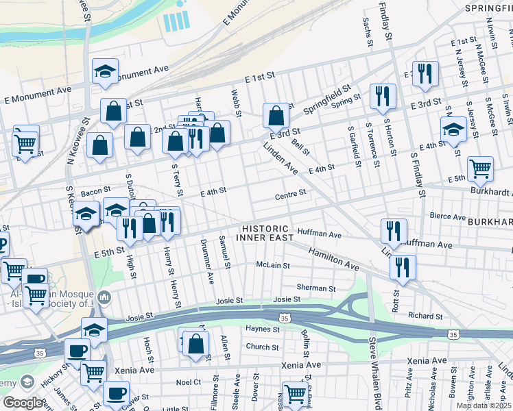 map of restaurants, bars, coffee shops, grocery stores, and more near 8 Centre Street in Dayton