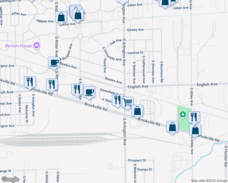 map of restaurants, bars, coffee shops, grocery stores, and more near 5912 Greenfield Avenue in Indianapolis