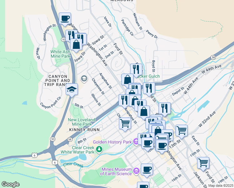 map of restaurants, bars, coffee shops, grocery stores, and more near 555 Arapahoe Street in Golden