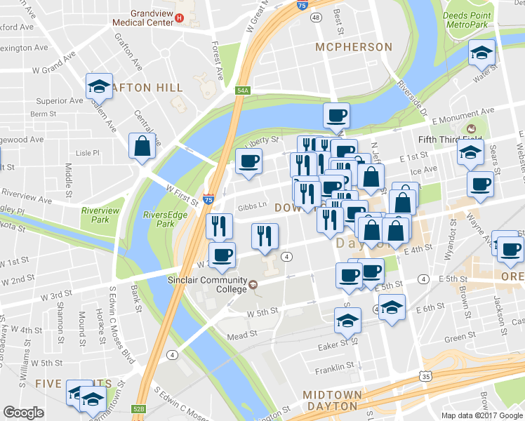 map of restaurants, bars, coffee shops, grocery stores, and more near 341 W 2nd St in Dayton