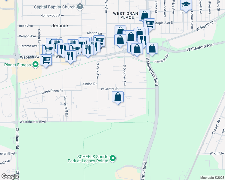 map of restaurants, bars, coffee shops, grocery stores, and more near 1120 West Centre Street in Springfield