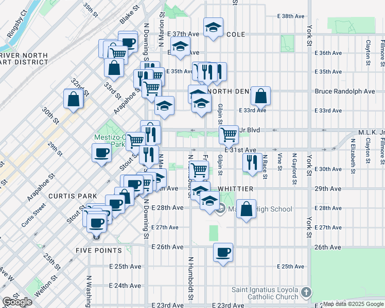 map of restaurants, bars, coffee shops, grocery stores, and more near 3053 Humboldt Street in Denver