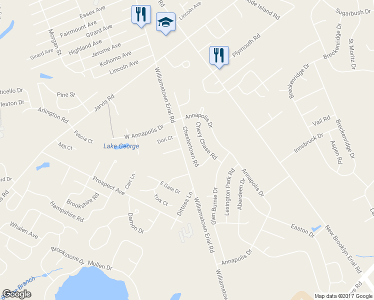 map of restaurants, bars, coffee shops, grocery stores, and more near 20 Chestertown Road in Sicklerville