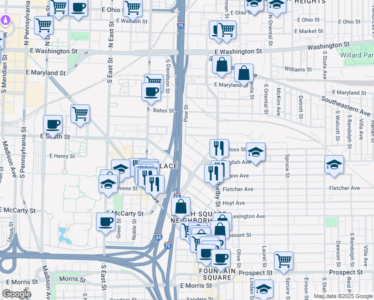 map of restaurants, bars, coffee shops, grocery stores, and more near 938 English Avenue in Indianapolis