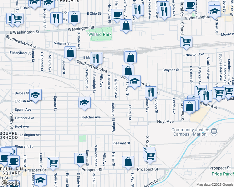 map of restaurants, bars, coffee shops, grocery stores, and more near 415 Hamilton Avenue in Indianapolis