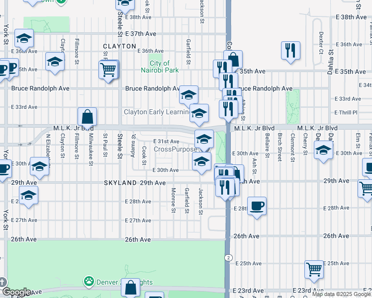 map of restaurants, bars, coffee shops, grocery stores, and more near 3080 Monroe Street in Denver