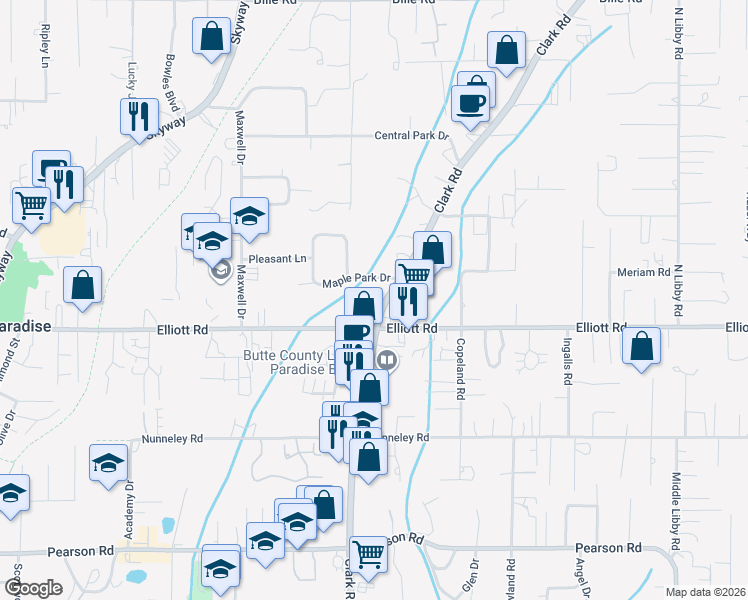 map of restaurants, bars, coffee shops, grocery stores, and more near 6053 Clark Road in Paradise