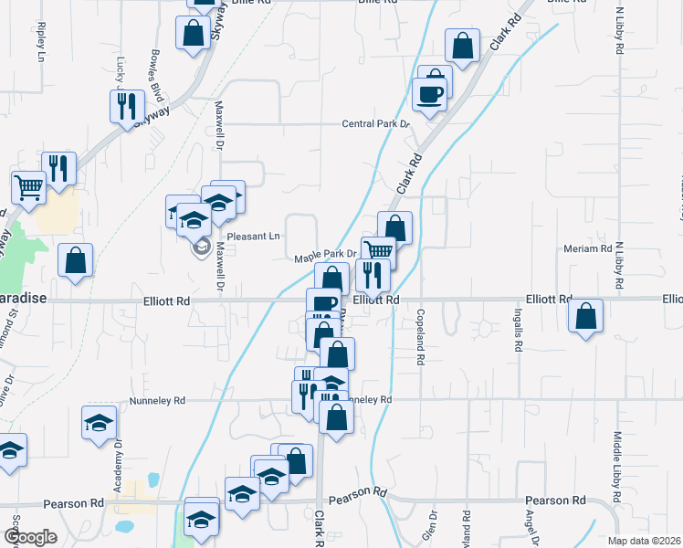 map of restaurants, bars, coffee shops, grocery stores, and more near 6047 Clark Road in Paradise