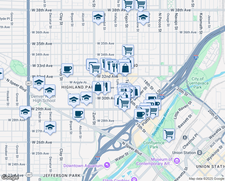 map of restaurants, bars, coffee shops, grocery stores, and more near 3039 Vallejo Street in Denver
