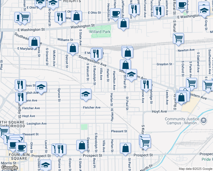 map of restaurants, bars, coffee shops, grocery stores, and more near 414 Harlan Street in Indianapolis