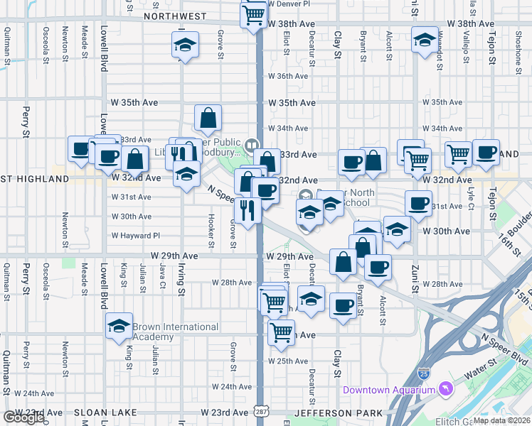 map of restaurants, bars, coffee shops, grocery stores, and more near 3010 Speer Boulevard in Denver