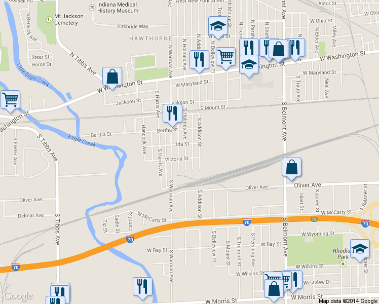 map of restaurants, bars, coffee shops, grocery stores, and more near 421 South Holmes Avenue in Indianapolis