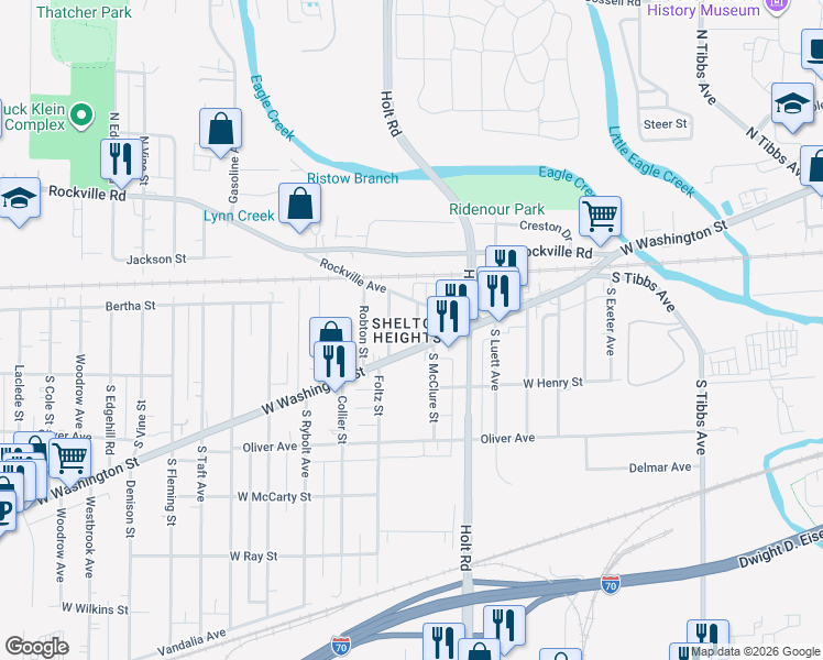 map of restaurants, bars, coffee shops, grocery stores, and more near 332 South McClure Street in Indianapolis