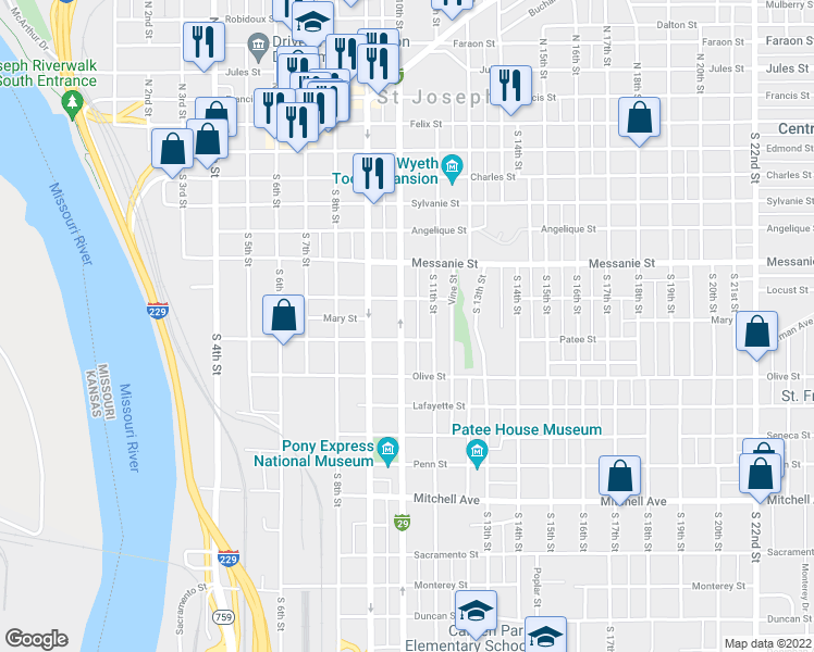 map of restaurants, bars, coffee shops, grocery stores, and more near 725 South 10th Street in Saint Joseph