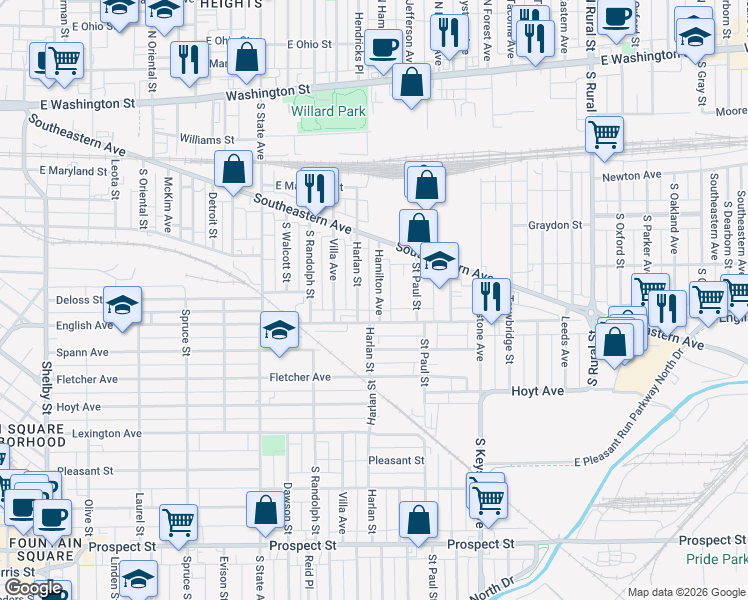 map of restaurants, bars, coffee shops, grocery stores, and more near 415 Hamilton Avenue in Indianapolis