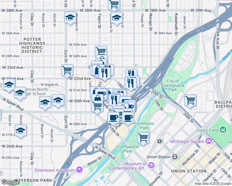 map of restaurants, bars, coffee shops, grocery stores, and more near 1717 Boulder Street in Denver
