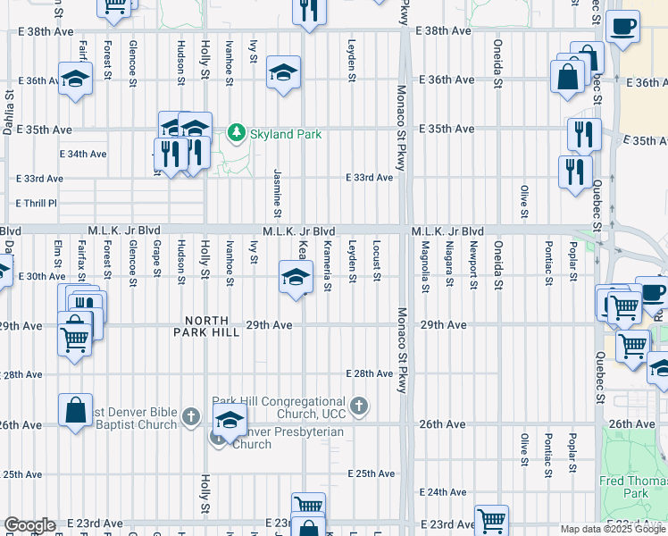 map of restaurants, bars, coffee shops, grocery stores, and more near 3018 Krameria Street in Denver