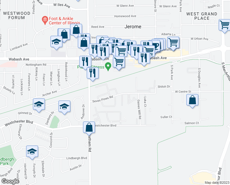 map of restaurants, bars, coffee shops, grocery stores, and more near 1701 Seven Pines Road in Springfield