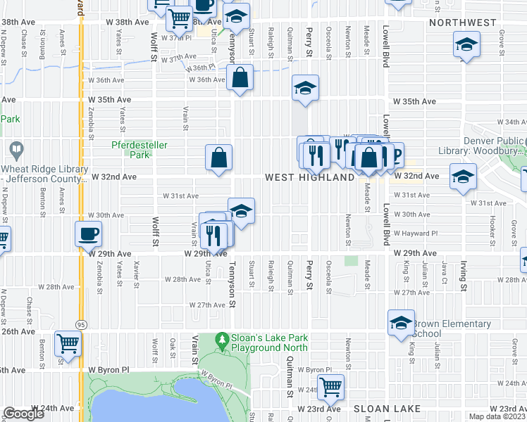 map of restaurants, bars, coffee shops, grocery stores, and more near 4215 West 30th Avenue in Denver